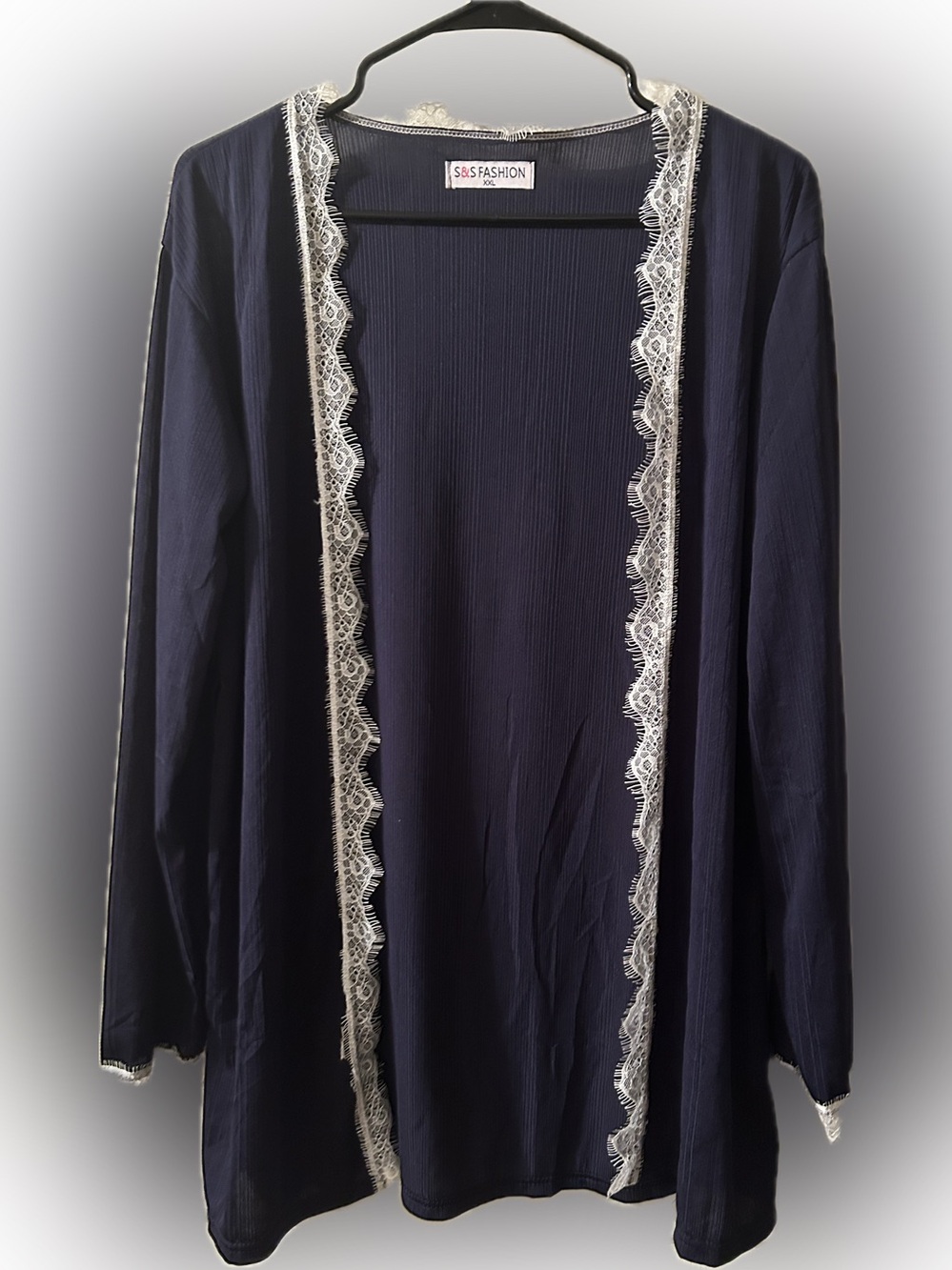 S&S Fashion Navy Lace-Trim Open Front Wrap